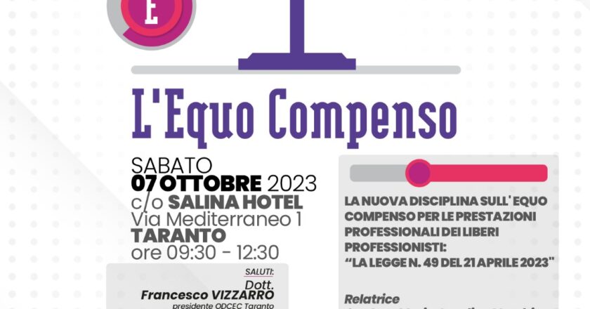 Taranto: “L’equo Compenso – Gender Pay Gap e Lavoro autonomo ” sabato il convegno sulle pari opportunità