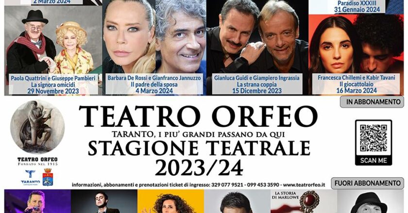 Taranto: il nuovo cartellone della stagione teatrale 2023/24 del teatro Orfeo.